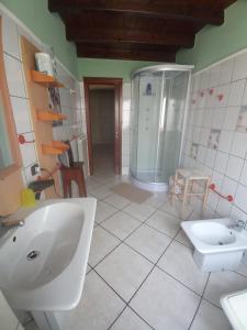 uma casa de banho com um lavatório e um chuveiro em Monti e Mare em Lanusei