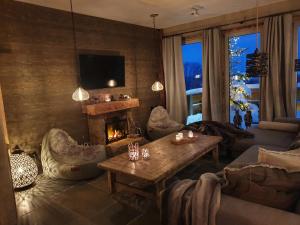 a living room with a couch and a fireplace at WLodgeOne in Braunlage