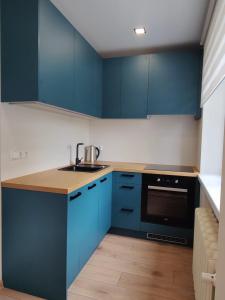 - une cuisine avec des placards bleus et un évier dans l'établissement Jannseni apartment, à Pärnu