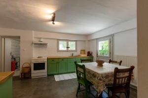 a kitchen with green cabinets and a table with chairs at Skounas Home in Leonidio