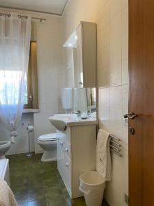 bagno con lavandino, servizi igienici e specchio di Villa Irene Apartments a Mestre