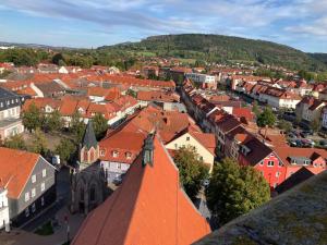une vue aérienne sur une ville aux toits rouges dans l'établissement Ferienwohnung Sandra, à Heilbad Heiligenstadt