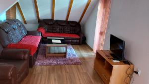 uma sala de estar com dois sofás de couro e uma televisão em Apartments Alibasic em Dubrave Gornje