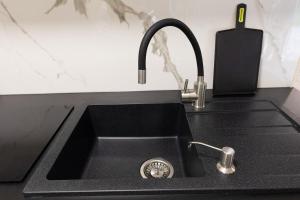 a black kitchen sink with a faucet at Jantar Oaza in Jantar