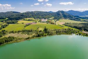 una vista aérea de un lago con montañas en el fondo en Stift St. Georgen am Längsee, en Sankt Georgen am Längsee