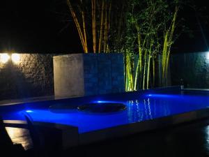 a blue lighted bathtub in a garden at night at Bangalawa Resort in Habarana