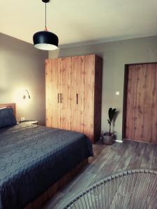 a bedroom with a bed and a large wooden door at Apartments Vidanovic in Ohrid