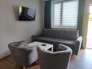 a living room with a couch and chairs and a tv at Apartament u Piotra in Piotrowice