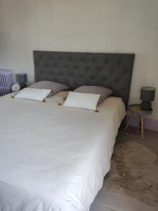 1 cama blanca grande con 2 almohadas en Gîte Chanay 80 m2 Tournus 2 chambres, en Tournus