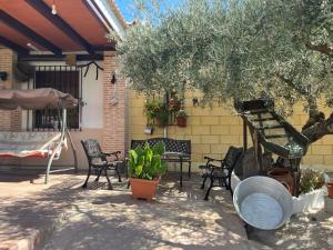 盧克的住宿－Casa Rural El Cuco，一个带椅子和桌子的庭院和一棵树