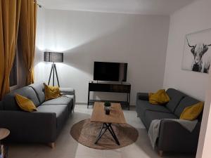 Sala de estar con 2 sofás y mesa de centro en Charmante maison Climatisée avec piscine au Calme à Carcassonne, en Carcassonne