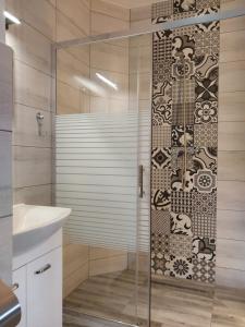 a shower with a glass door in a bathroom at Apartament okno na Giewont in Kościelisko