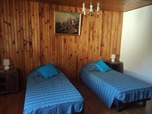 two beds in a room with wood paneling at Gîte du Mont in Saint-Hippolyte