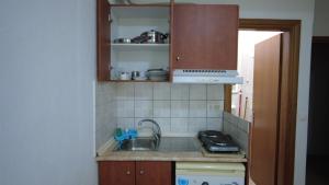 a small kitchen with a sink and a microwave at Villa Minas in Paralia Katerinis