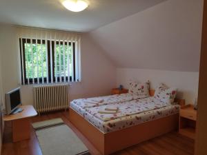a small bedroom with a bed and a television at Casa Ildikó in Sovata