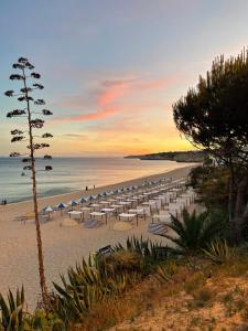 a beach with chairs and umbrellas at sunset at Marsuites in Armação de Pêra