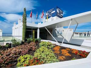 a building with a garden with flowers and flags at Beach Apartment 9 in Patalavaca