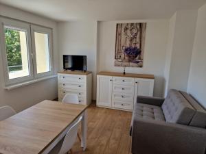 Televízia a/alebo spoločenská miestnosť v ubytovaní Apartament Lawendowy Gdańsk