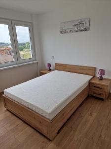 a bedroom with a large bed and two windows at Apartament Lawendowy Gdańsk in Gdańsk