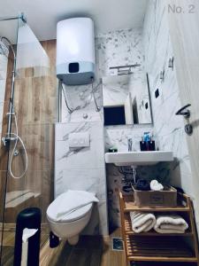 a bathroom with a toilet and a sink and a shower at Apartman Rosemary in Sveti Stefan +21 photos
