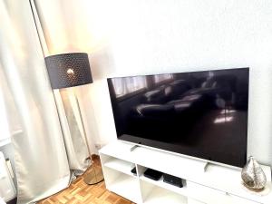 sala de estar con TV de pantalla plana grande en Cinquantenaire Appartement, en Bruselas