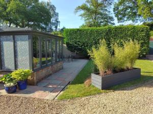 einen Garten mit einem Pavillon und einigen Pflanzen in der Unterkunft The Annexe @Granny’s Apple Lodge in Blakeney