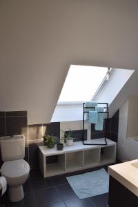 a bathroom with a toilet and a sink and a skylight at Chambres d’Hôtes Les Rougemonts in Champguyon