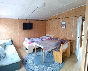 a small room with a table and a couch at SŁONECZNIK domki letniskowe Charbrowo-Łeba in Charbrowo