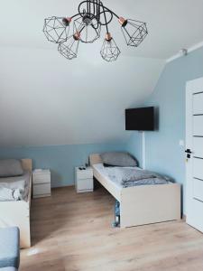 1 dormitorio con 2 camas y TV en la pared en Noclegi u Anny Łowicz, en Łowicz