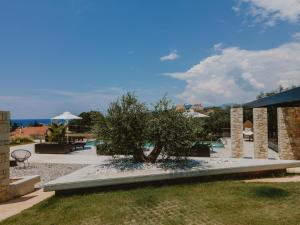 a tree sitting on a bench next to a pool at Casa Costa Suites in Kanali