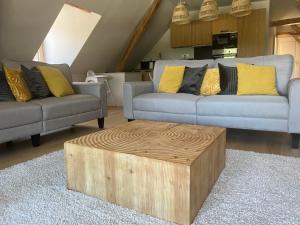 Sala de estar con 2 sofás y mesa de centro de madera. en Appartements Domaine Gueguen Chablis en Chablis