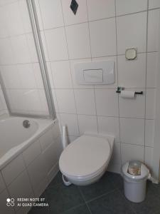 a bathroom with a toilet and a tub and a sink at Domizil der Sinne in Bad Liebenwerda