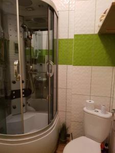 a bathroom with a toilet and a shower and a tub at Moja Miłość. in Podgórzyn