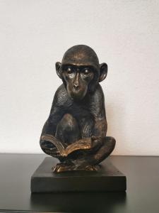 un singe bronze assis sur une table en lisant un livre dans l'établissement Las aclas, à Valbella