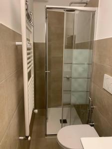 W łazience znajduje się toaleta i przeszklony prysznic. w obiekcie BedandBreakfast Eni Torri Lombarde San Donato BBqueen w mieście San Donato Milanese +37 zdjęć