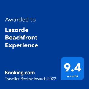 Majutusasutuses Lazorde Beachfront Experience olev sertifikaat, autasu, silt või muu dokument