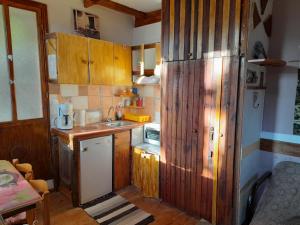małą kuchnię z drewnianymi szafkami i zlewem w obiekcie VLASSIS APTS - 2 space STUDIO ELENI Melidoni Rethymno w mieście Melidhónion