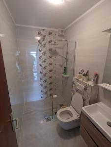 La salle de bains est pourvue de toilettes et d'une douche en verre. dans l'établissement Apartments Magnolija 50m from beach, à Srima