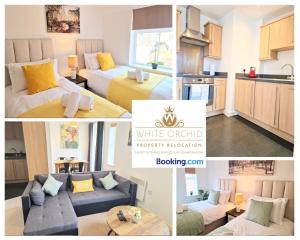 un collage di foto di una cucina e di un soggiorno di Corporate 2Bed Apartment with Balcony & Free Parking Short Lets Serviced Accommodation Old Town Stevenage by White Orchid Property Relocation a Stevenage