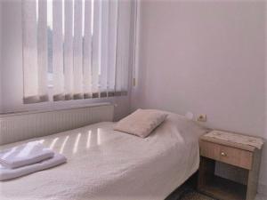 una camera da letto bianca con un letto e una finestra di Atrijum apartmani Apatin a Apatin