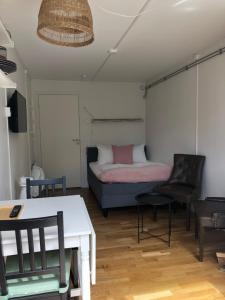 易克略的住宿－Kaggeholms strandboende，配有一张床和一张桌子及椅子的房间