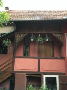 a red house with a window with plants on it at Cezara in Mediaş