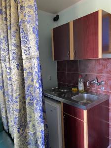 a small kitchen with a sink and a curtain at Sunny Villa Apartments in Budva