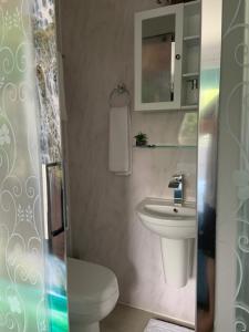 a bathroom with a sink and a toilet and a mirror at Enjoy your stay at Chorley Road in Droitwich