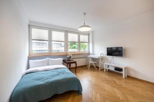Schlafzimmer mit einem Bett, einem Schreibtisch und einem TV in der Unterkunft Royal Route Marvelous Apartment in Warschau