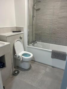 uma casa de banho com um WC, uma banheira e um lavatório. em Atlantic Port Retreat em Portstewart