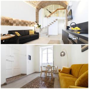 a living room and a kitchen with a couch at Casa Marene Ortigia in Siracusa