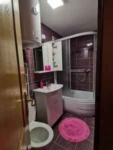 a bathroom with a toilet and a pink rug at Apartmani Vojinović in Sjenica