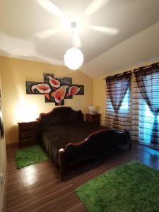 a bedroom with a large bed and green rugs at Apartmani Vojinović in Sjenica