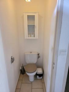 a small bathroom with a toilet and a cabinet at Hudace maison partagée in Saint-Laurent du Maroni